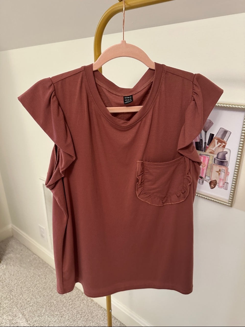SHEIN Rust Ruffle Sleeve Pocket Tee